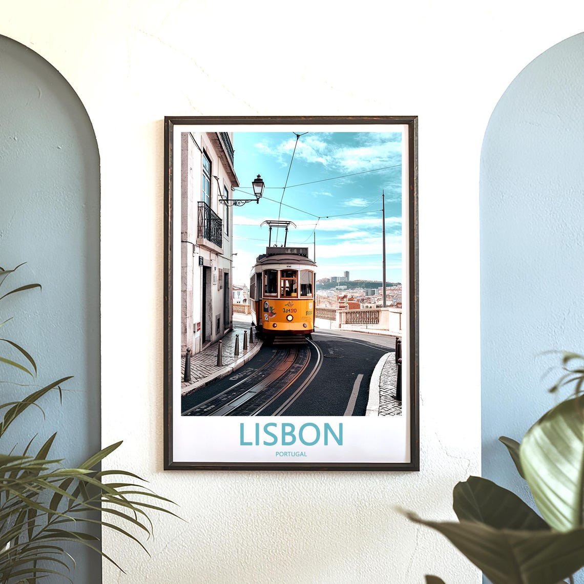 Lisbon Yellow Tram 123 on a Curving Street With Hill View Poster - Image 3