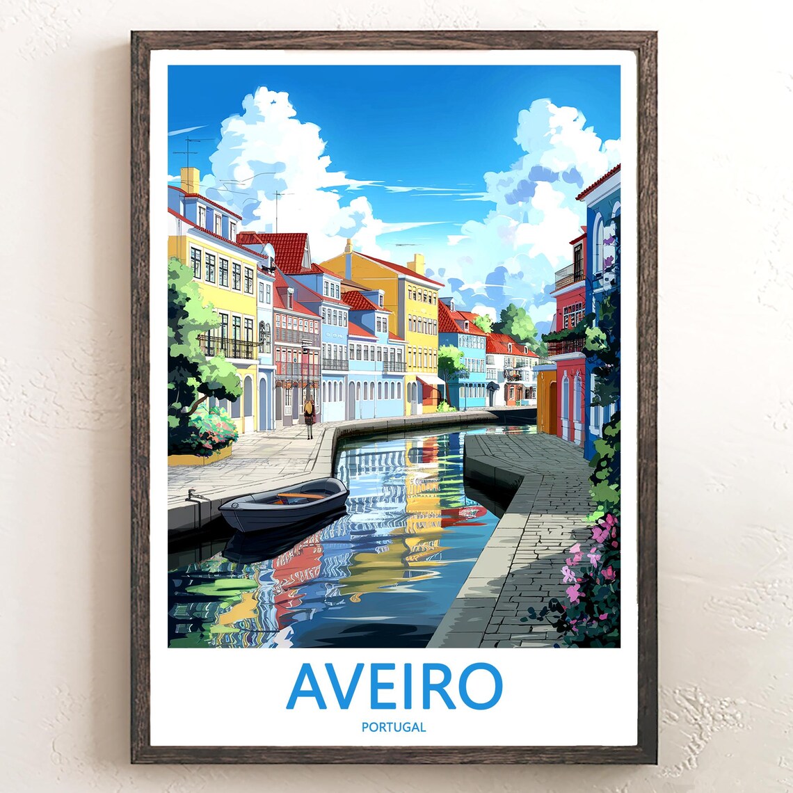 Aveiro Portugal Curved Canal Rowboat Flower Gardens Travel Poster