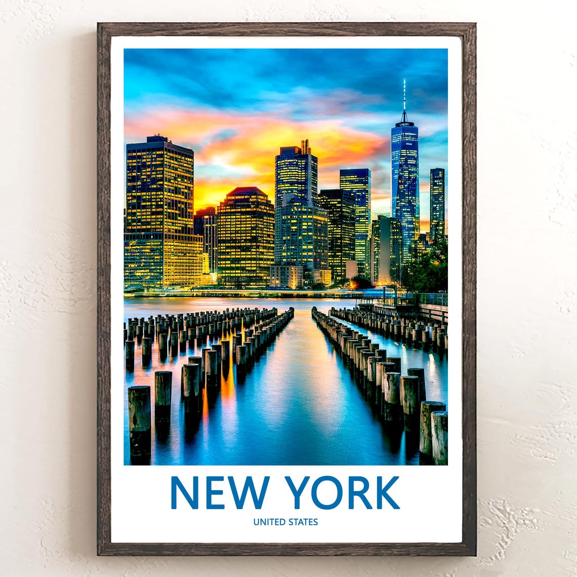 New York Manhattan Dusk Skyline Pier Channel Pink Sunset Poster