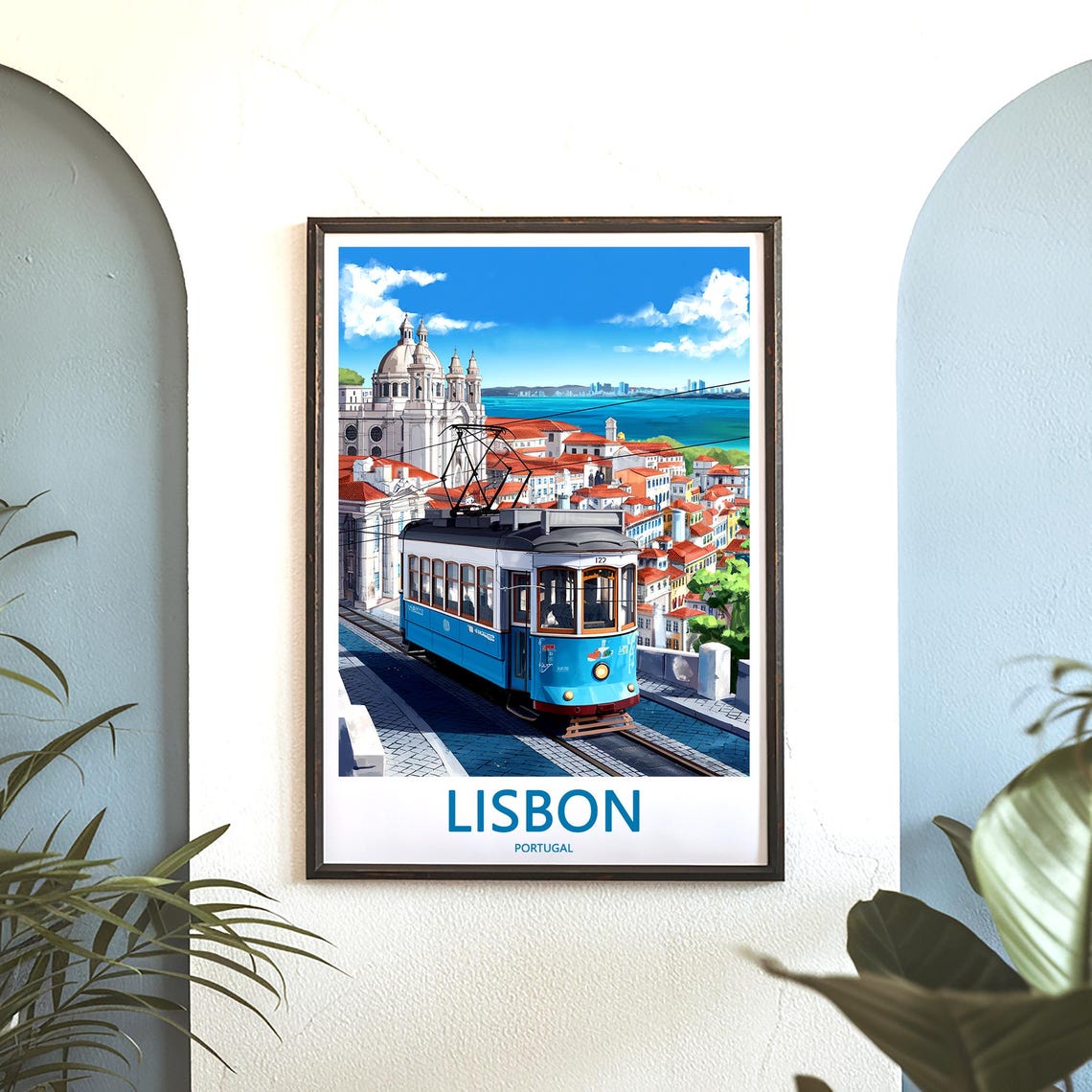 Lisbon Blue Tram 123 With Pantheon Dome River Panorama Poster - Image 3