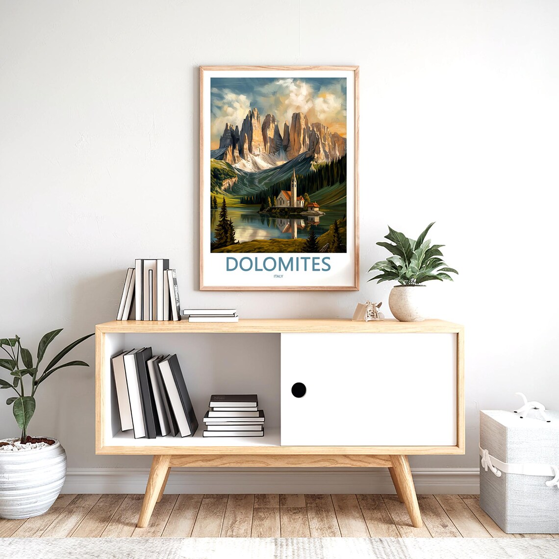 Dolomites Sunset Peaks with Church Lake Reflection Travel Poster - Image 2