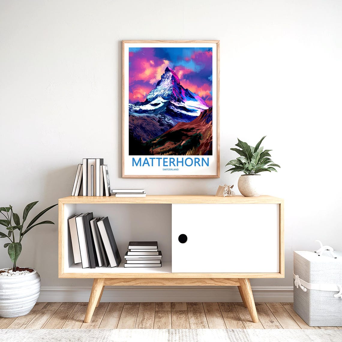 Matterhorn Sunset In Vivid Pink And Purple Painted Art Poster - Image 2