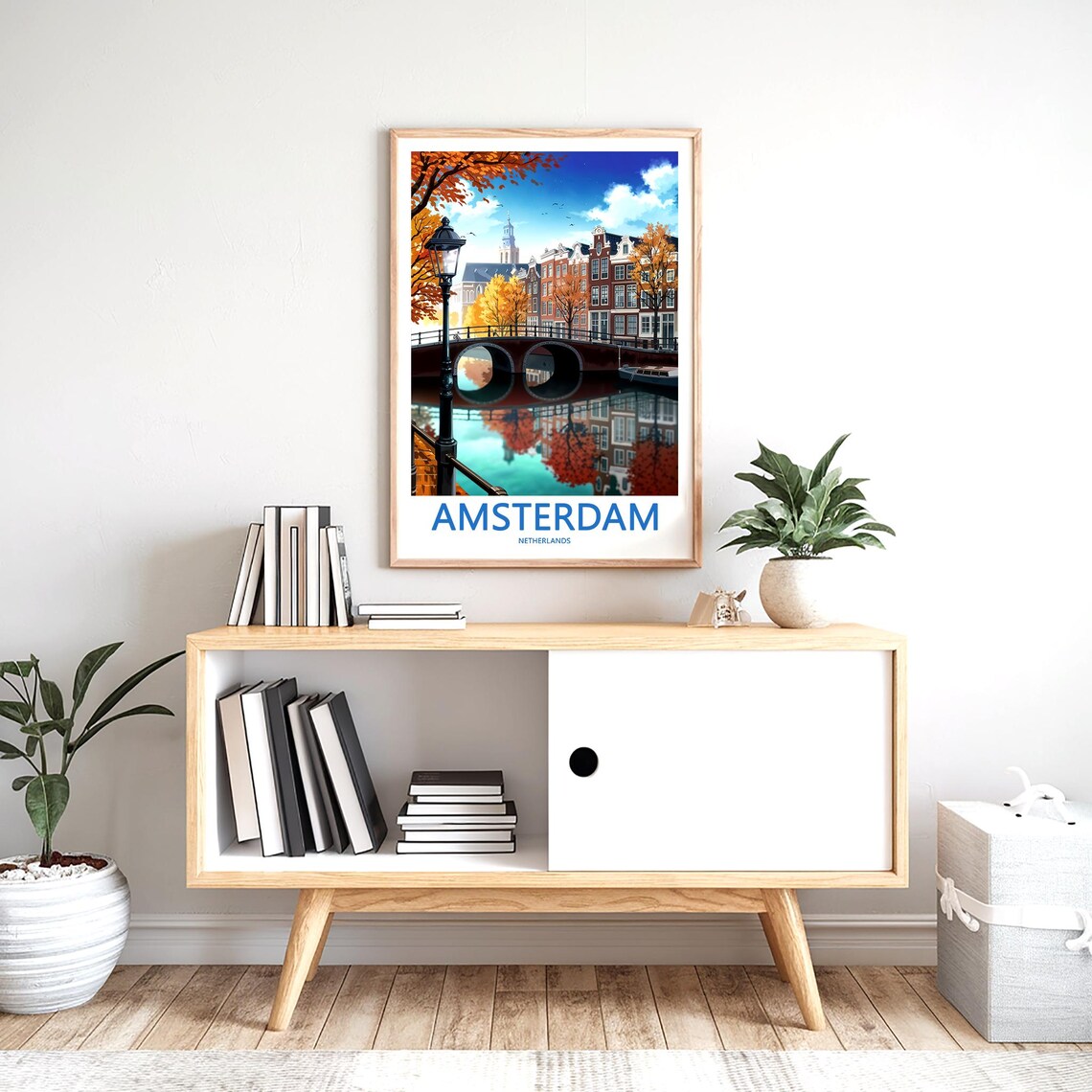 Amsterdam Autumn Canal Bridge with Street Lamp Art Travel Poster - Image 2