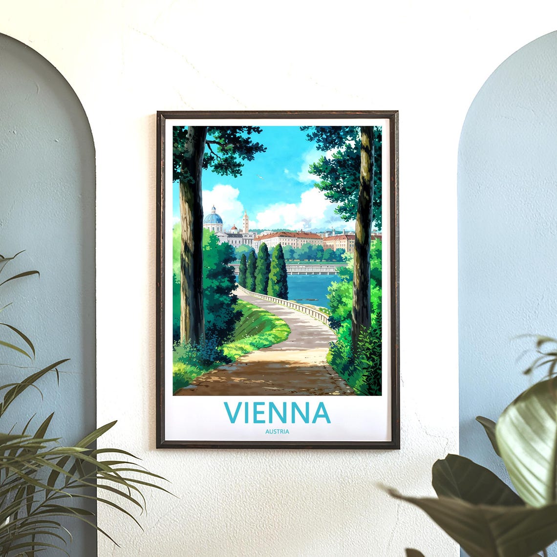 Vienna Austria Leafy Park Path Toward City Skyline Art Poster - Image 3
