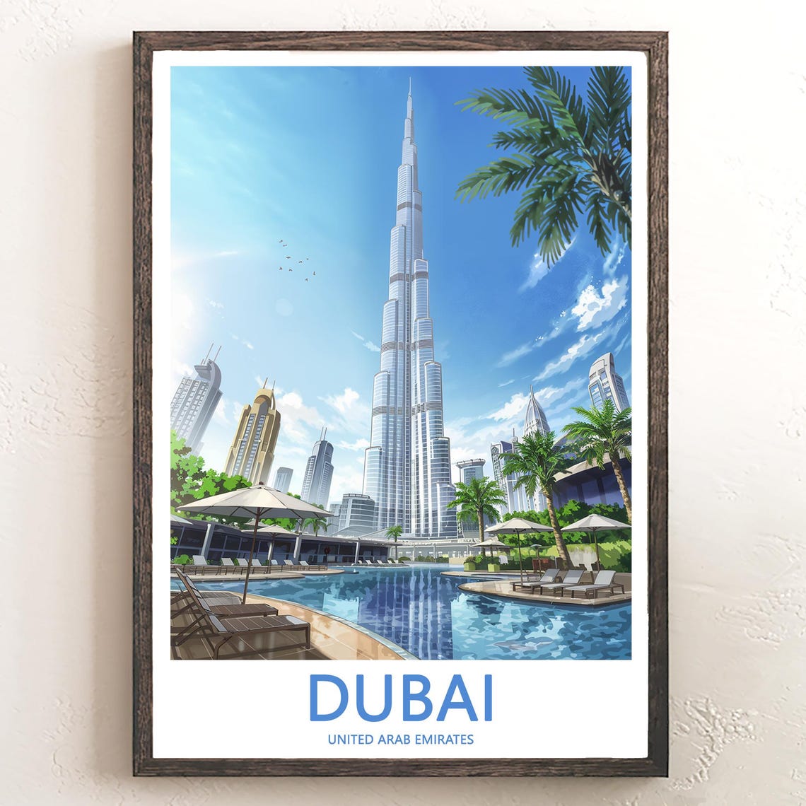 Dubai Burj Khalifa Resort Lagoon Pool Illustrated Vacation Poster