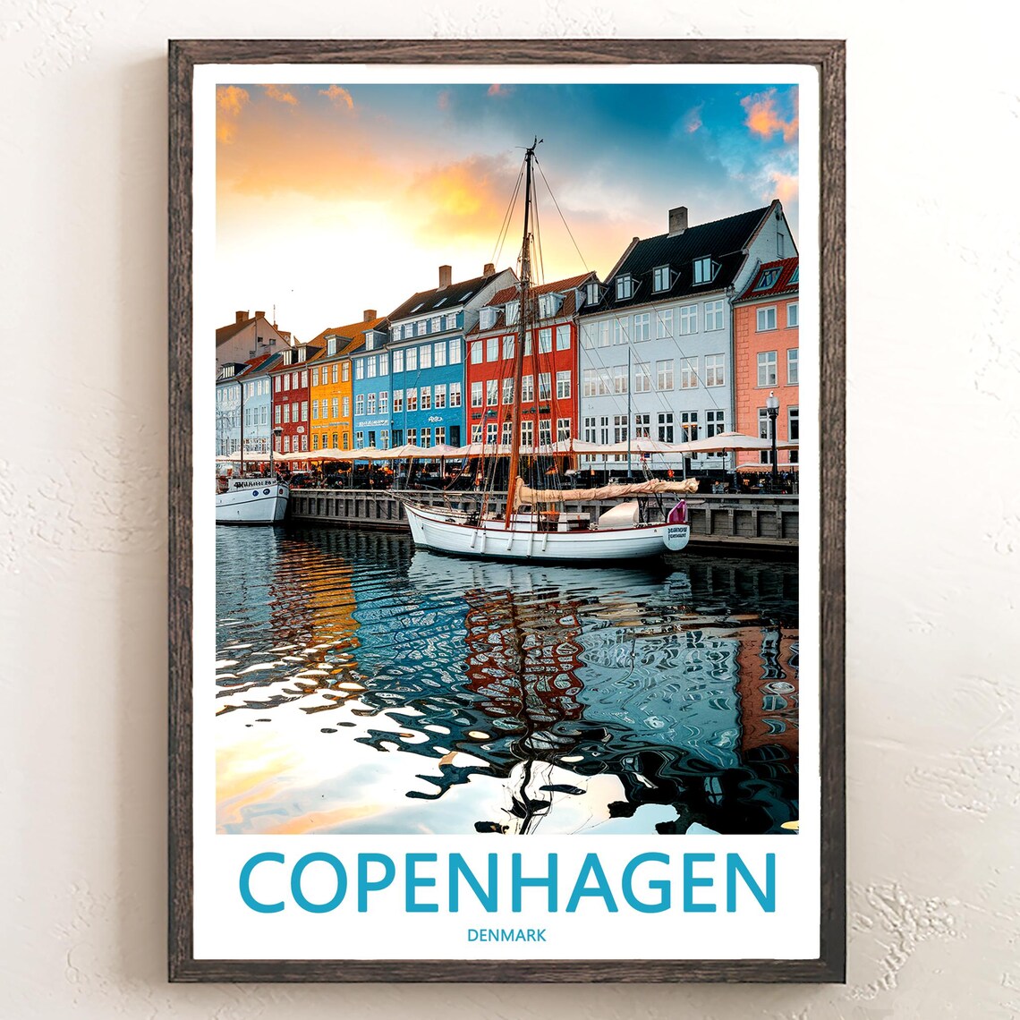 Copenhagen Nyhavn Sunset Sailboat Colorful Quay Denmark Travel Poster