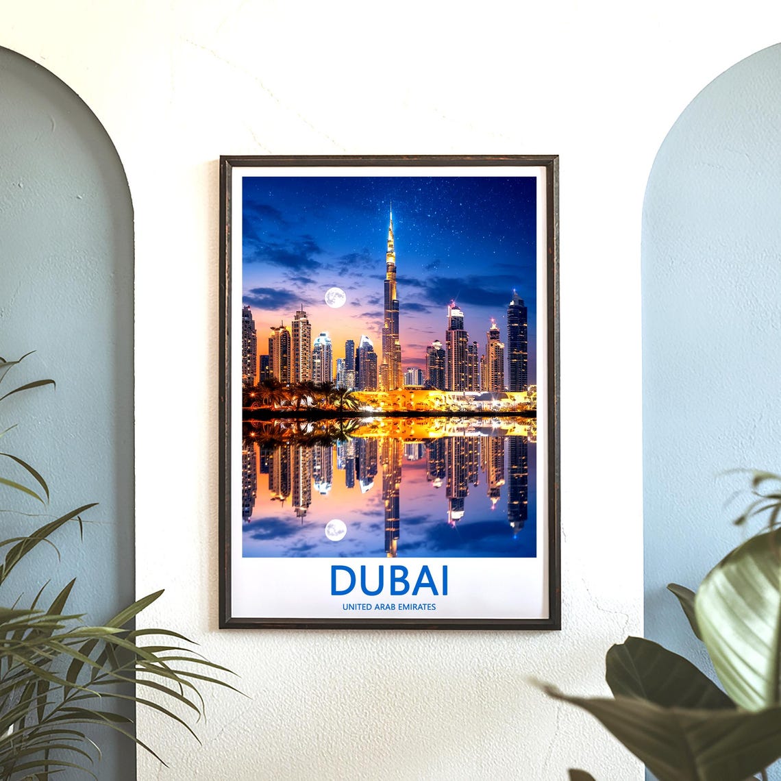 Dubai Starry Night Burj Khalifa Under Full Moon Reflection Poster - Image 3