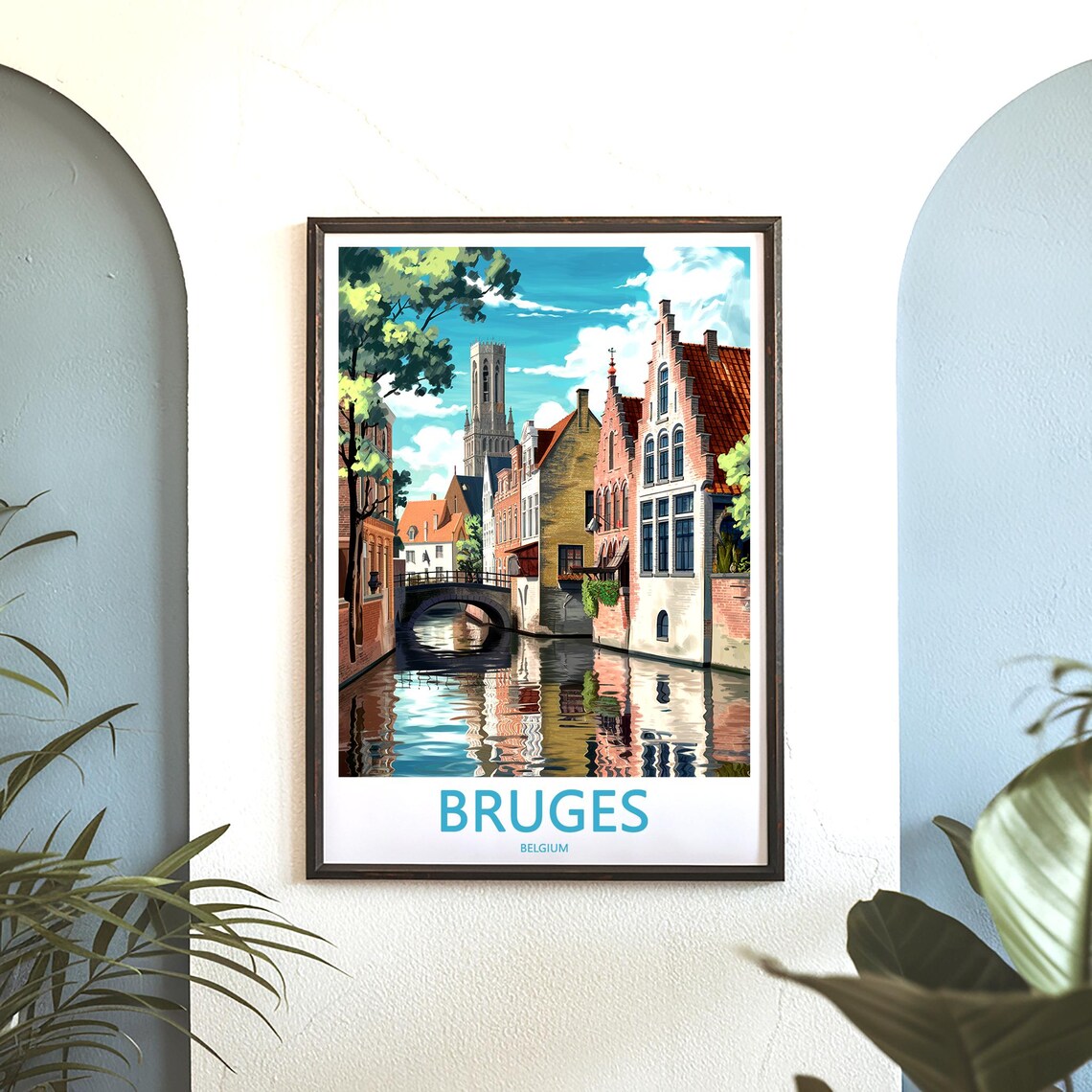 Bruges Summer Canal View with Belfry Tower Belgium Travel Poster - Image 3