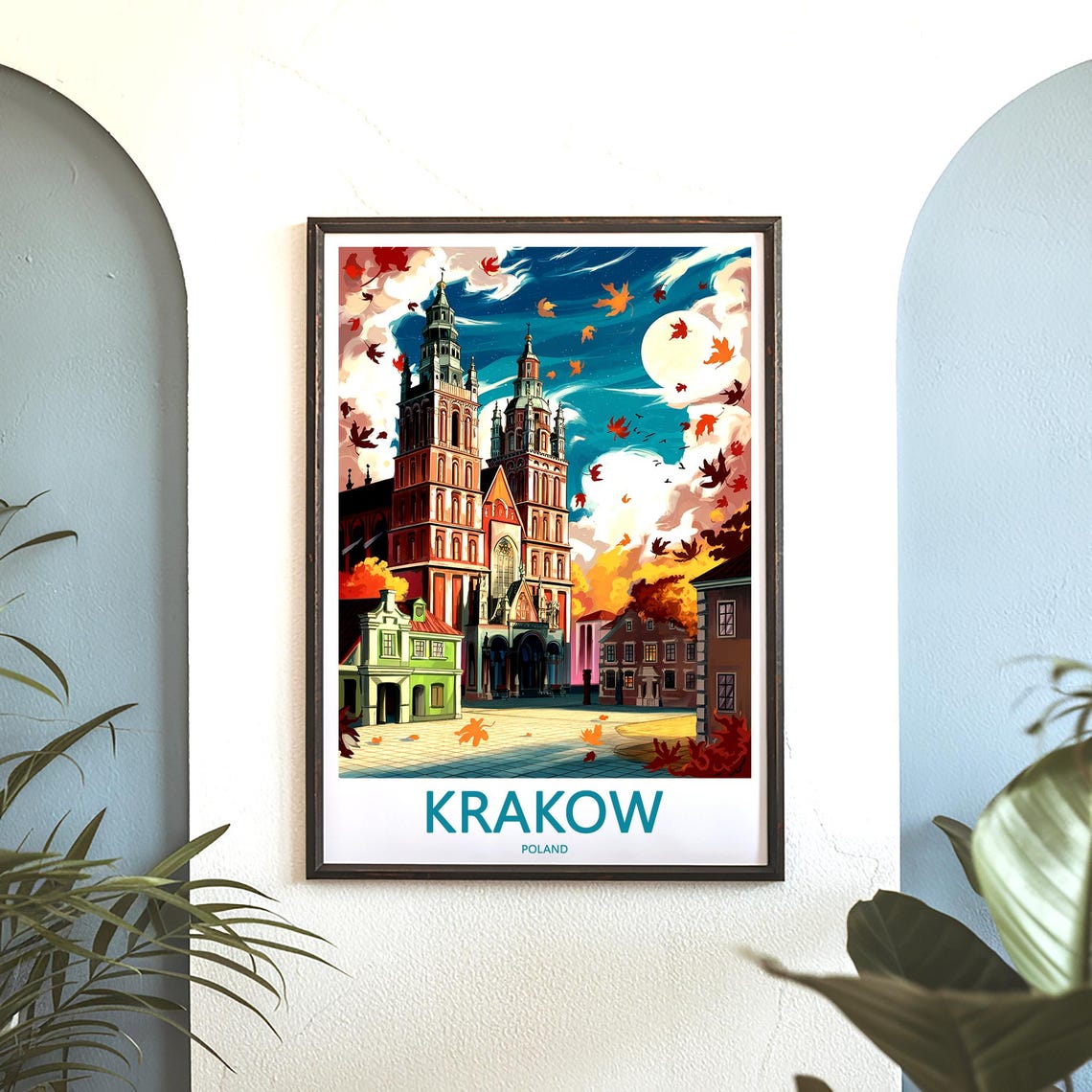 Krakow St Marys Basilica Autumn Moonlight Scene Travel Poster - Image 3