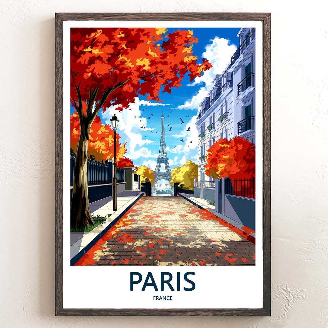 Eiffel Tower Ahead on a Brick Avenue Framed by Red Autumn Trees Poster