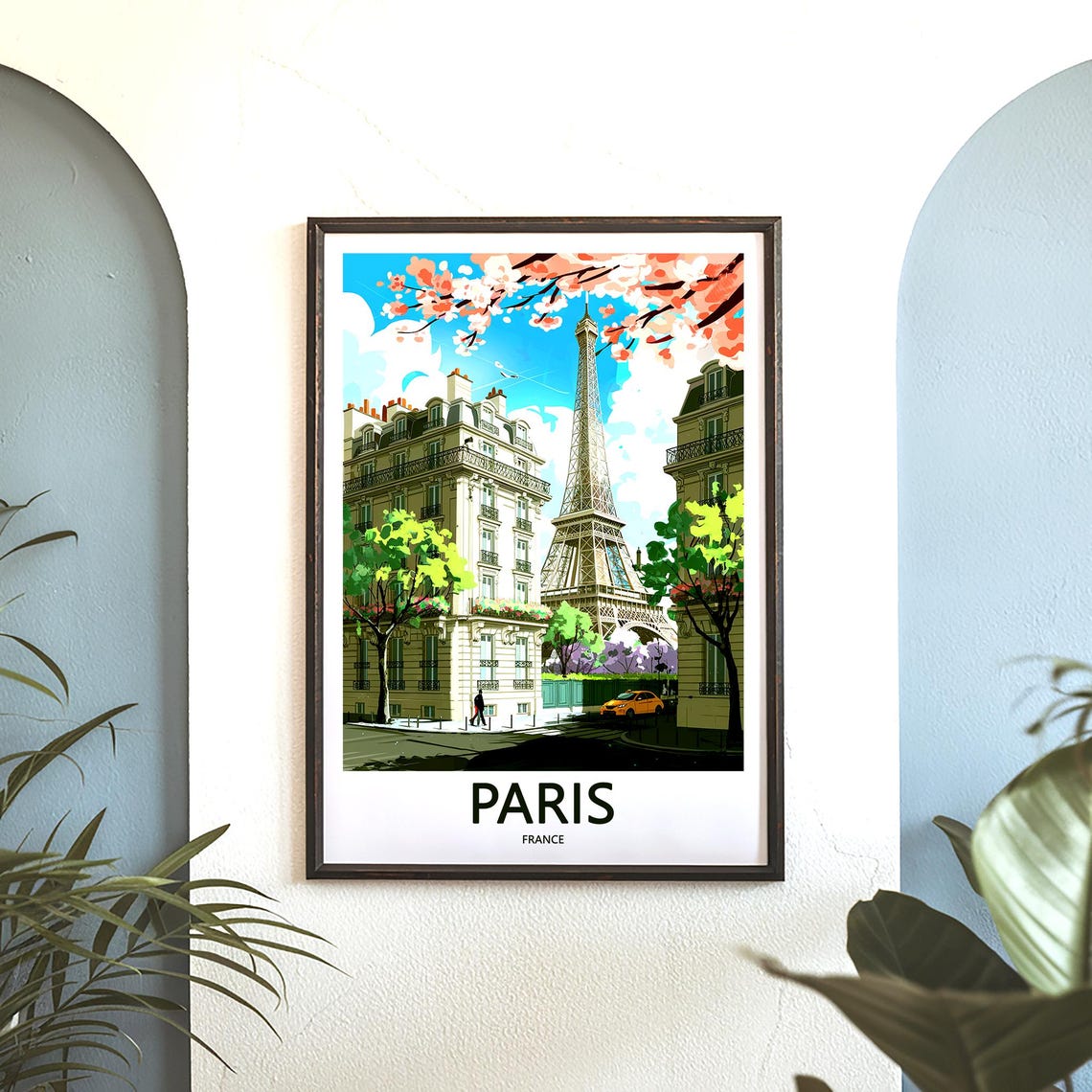 Eiffel Tower Rising Over Parisian Street Corner in Spring Bloom Poster - Image 3