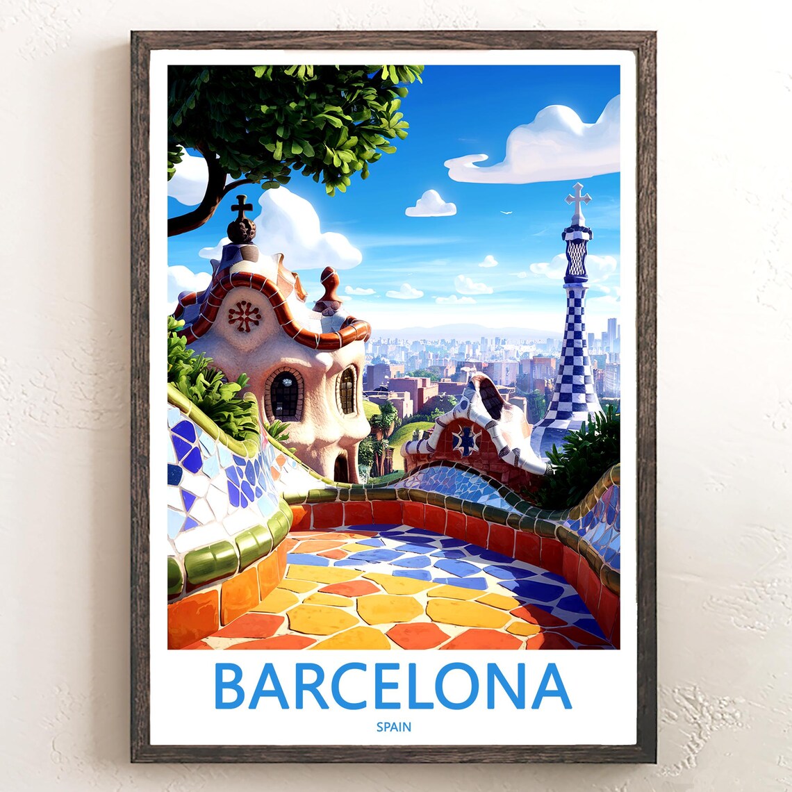 Barcelona Park Güell Gatehouse Whimsical Blue Sky Art Poster