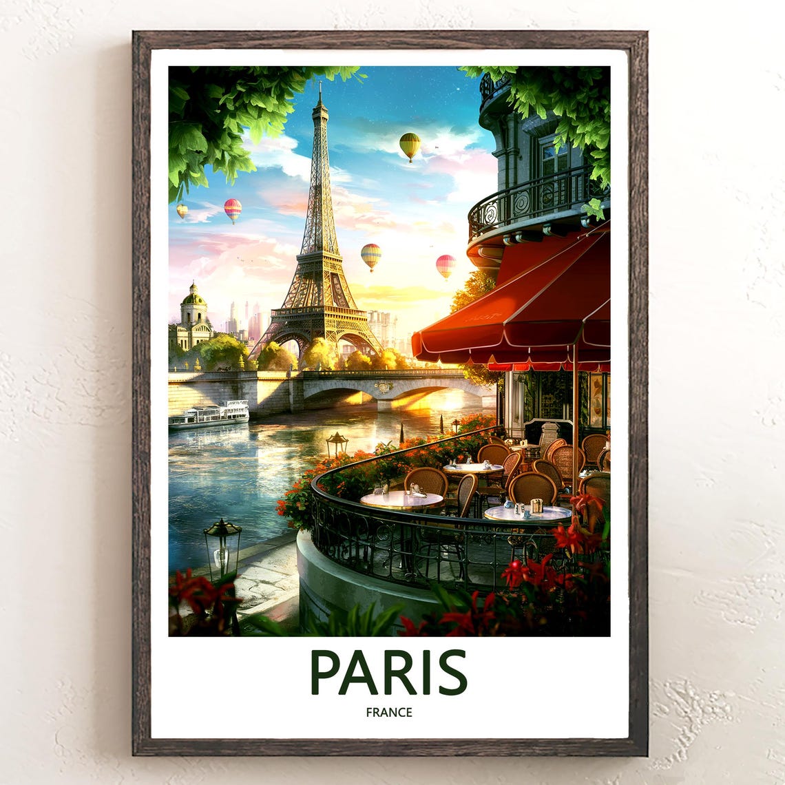 Paris Eiffel Tower Riverside Cafe Hot Air Balloons Sky Poster