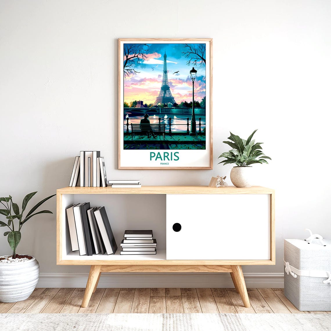 Paris Eiffel Tower Sunset Over the Seine Riverside Bench Poster - Image 2