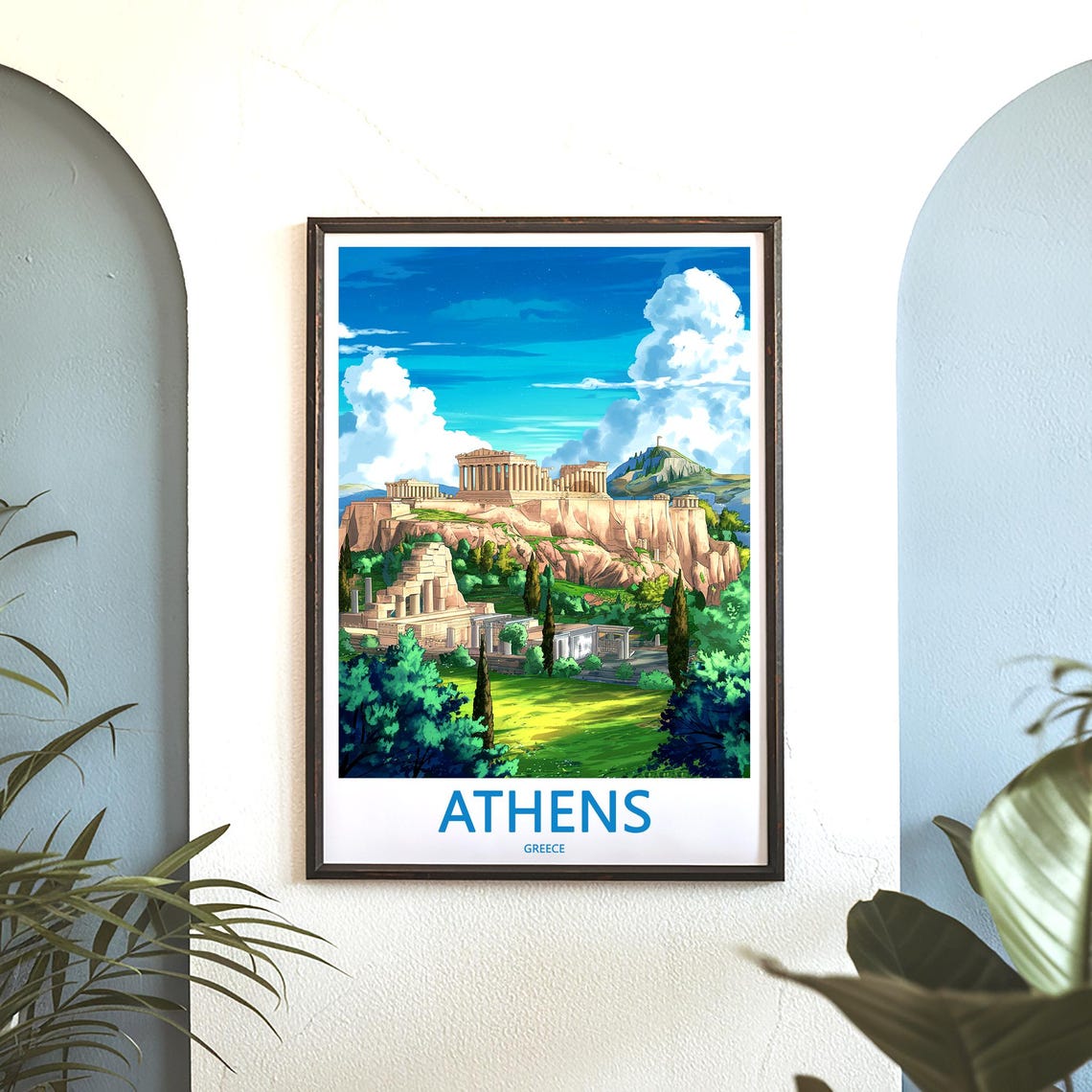 Athens Acropolis Blue Sky Green Valley Cypress Illustrated Poster - Image 3