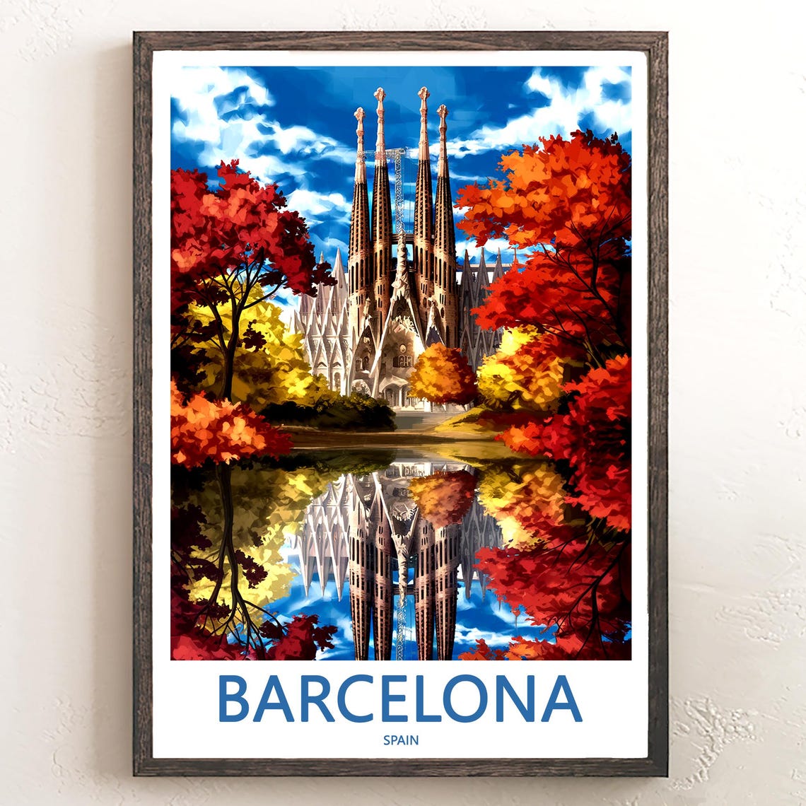 Barcelona Sagrada Família Painted Fall Reflection Scene Poster