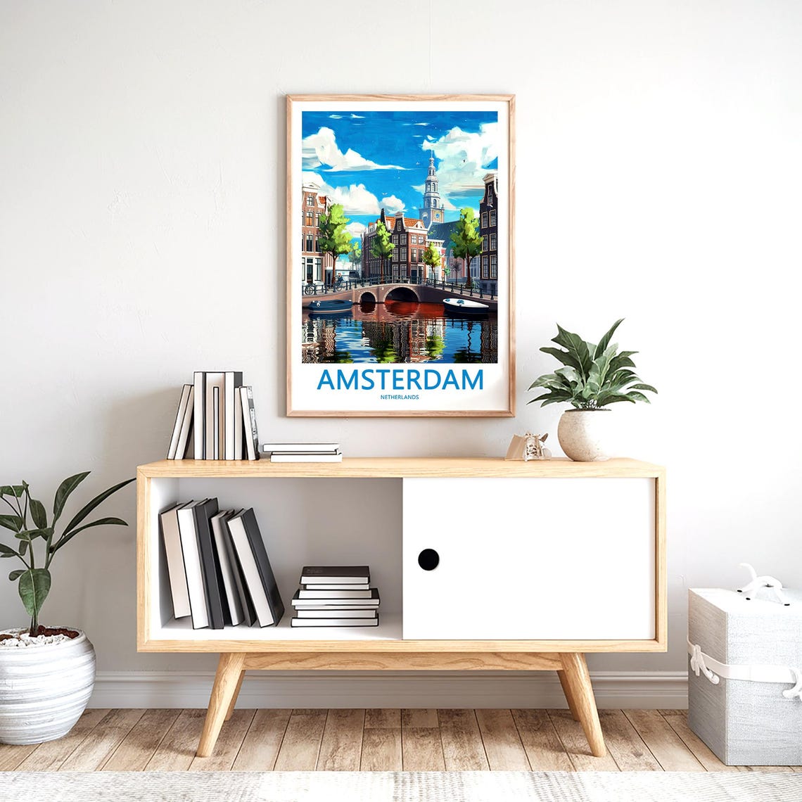 Amsterdam Sunny Canal Bridge with Boats Travel Illustration Poster - Image 2
