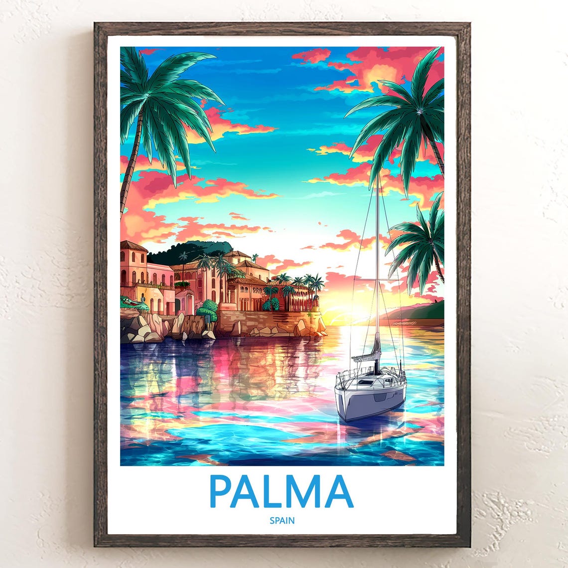 Palma Spain Harbor Sunset Sailboat Palm Trees Waterfront Poster