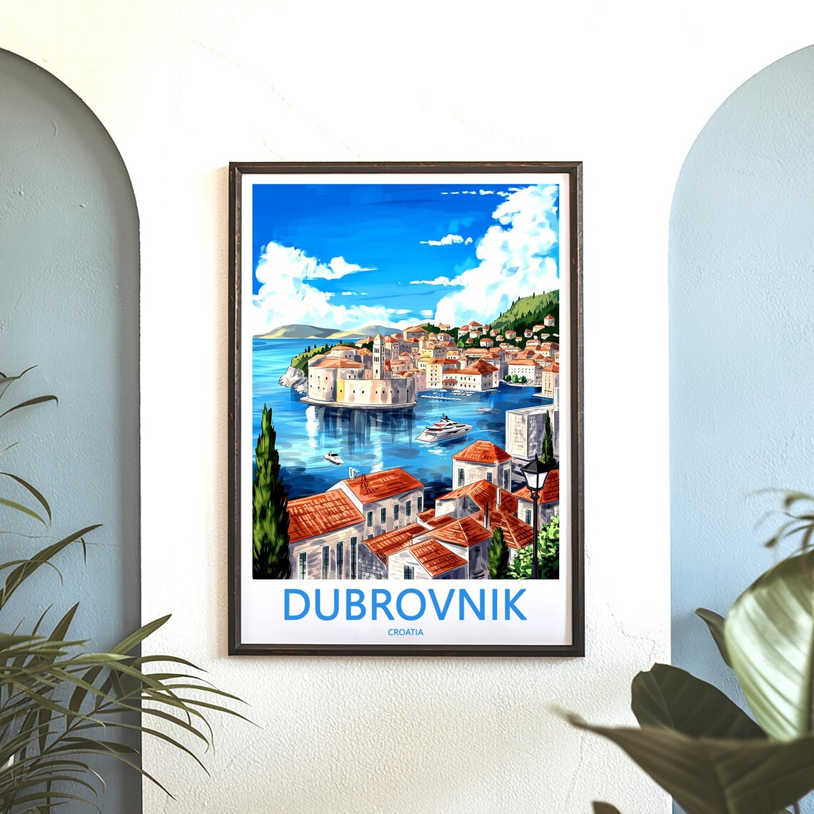 Dubrovnik Harbor Yacht City Walls Illustration Blue Sky Travel Poster - Image 3