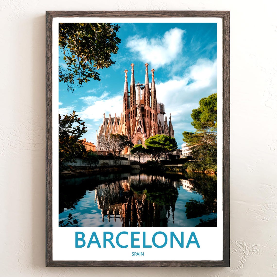 Barcelona Sagrada Familia Spires Reflected in Water Travel Poster