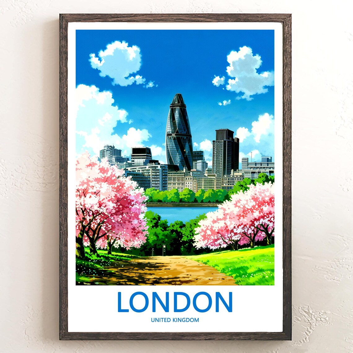 The Gherkin Framed by Cherry Blossoms in a London Park Poster