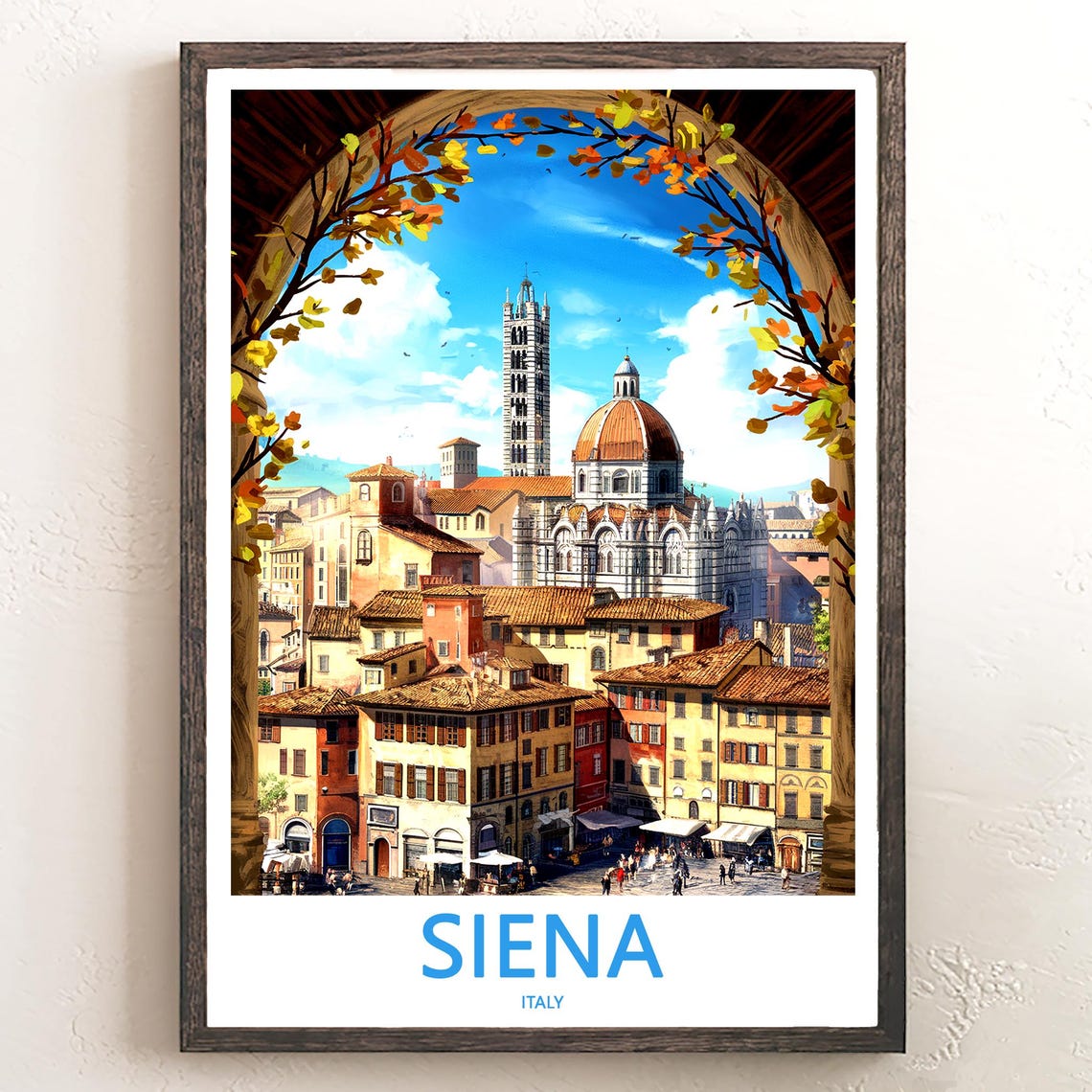 Siena Italy Autumn Leaves Frame Cathedral and Bell Tower Poster