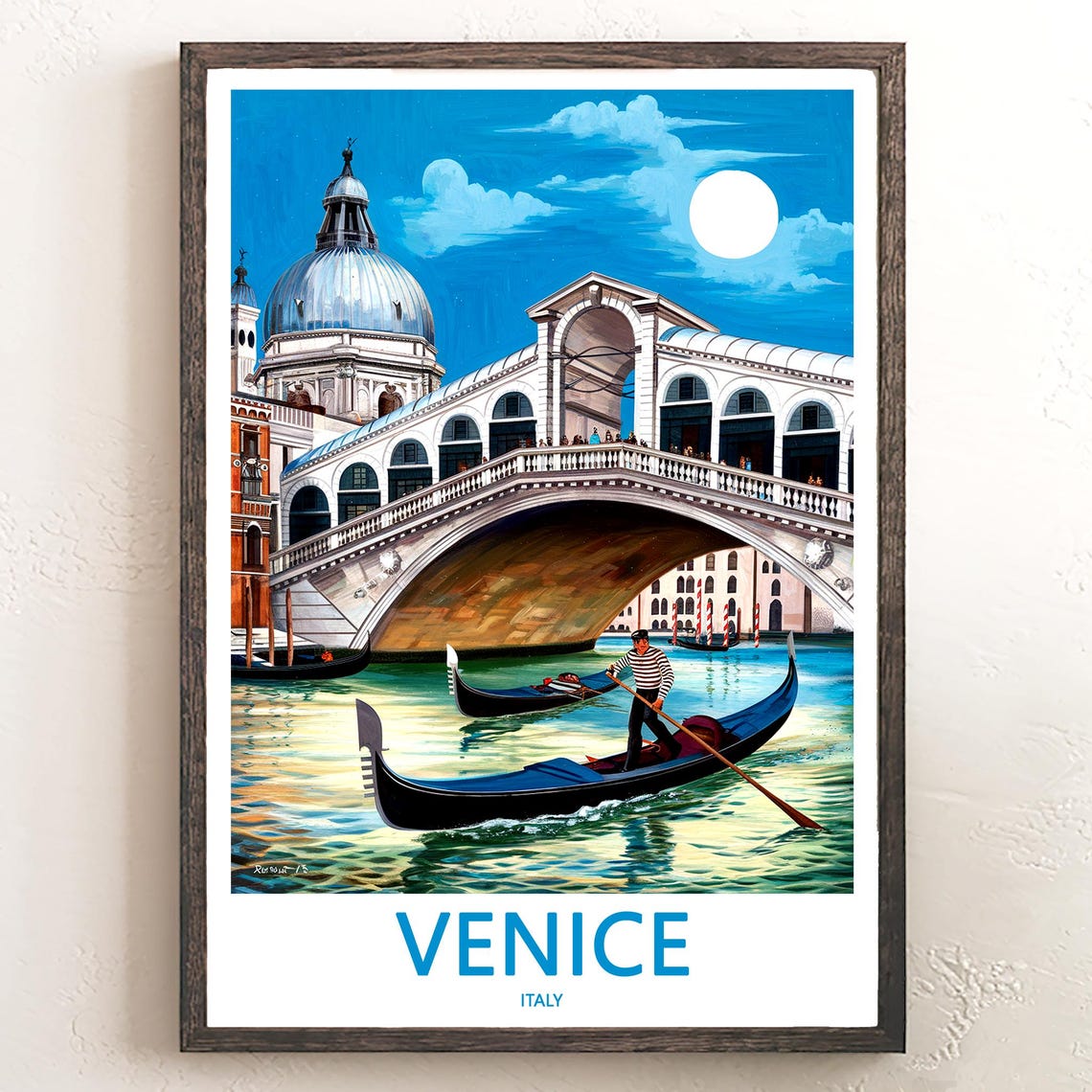 Venice Rialto Bridge Moonlit Gondolier Vintage Illustration Poster