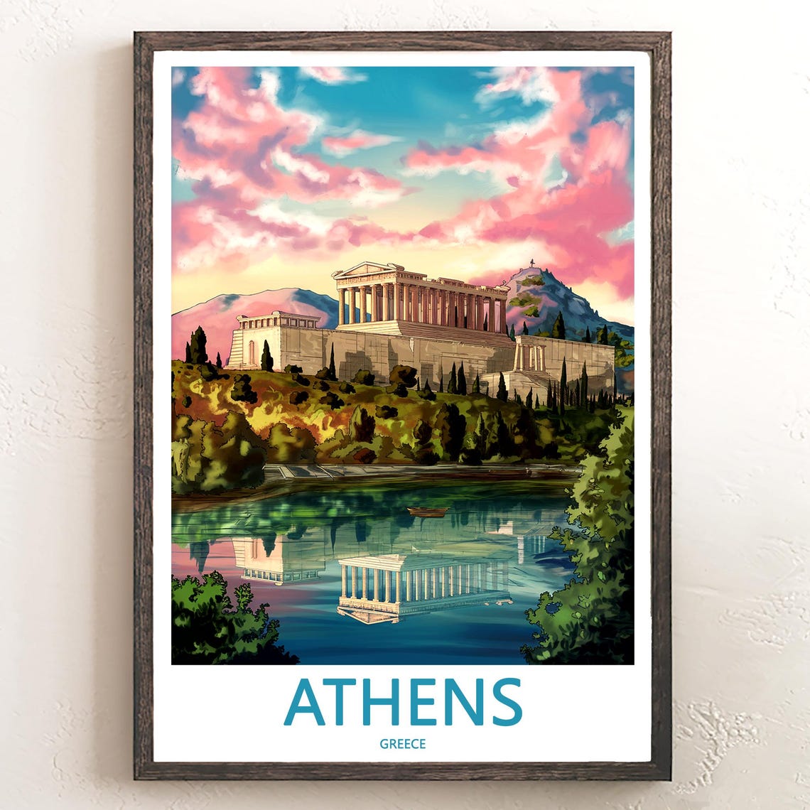 Athens Parthenon Lake Reflection Pink Clouds Illustrated Poster