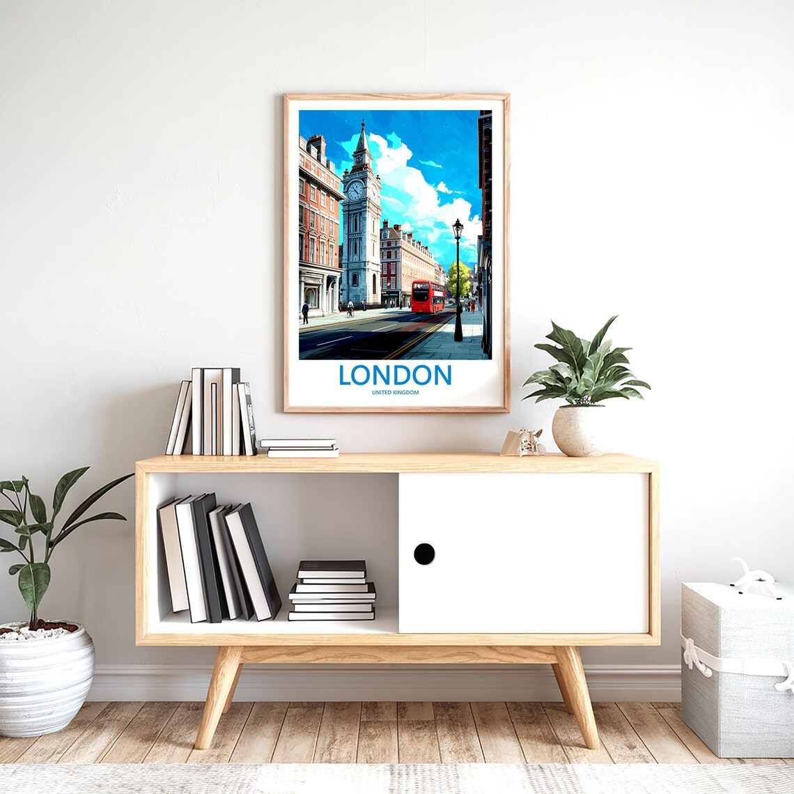 London Historic Clock Tower Red Bus Street Scene Illustration Poster - Image 2