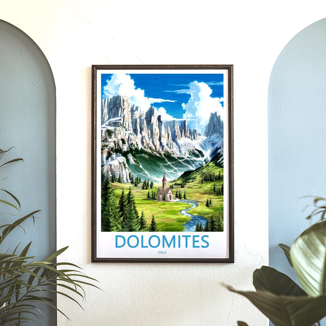 Dolomites Valley Church with Winding River Italy Travel Poster - Image 3
