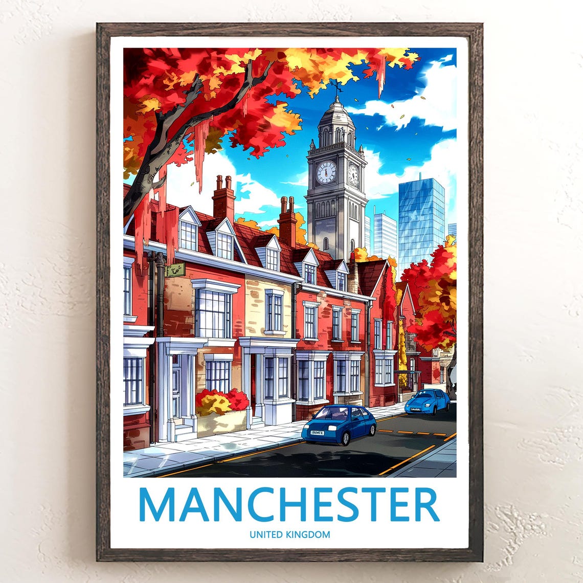 Manchester Autumn Street Red Brick Clock Tower Travel Poster