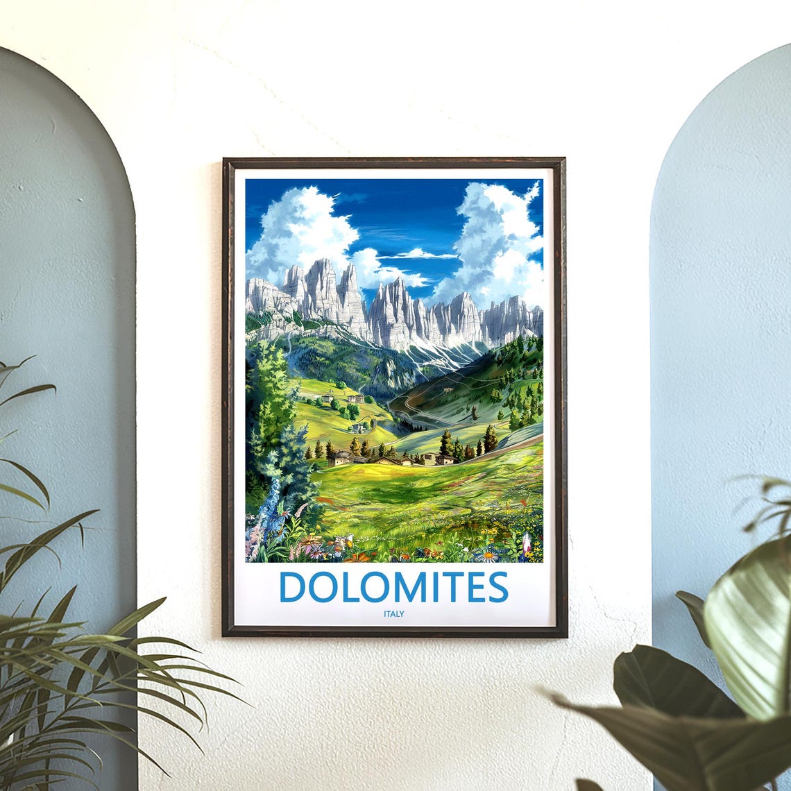 Dolomites White Peaks over Flower Meadow Italy Travel Poster - Image 3