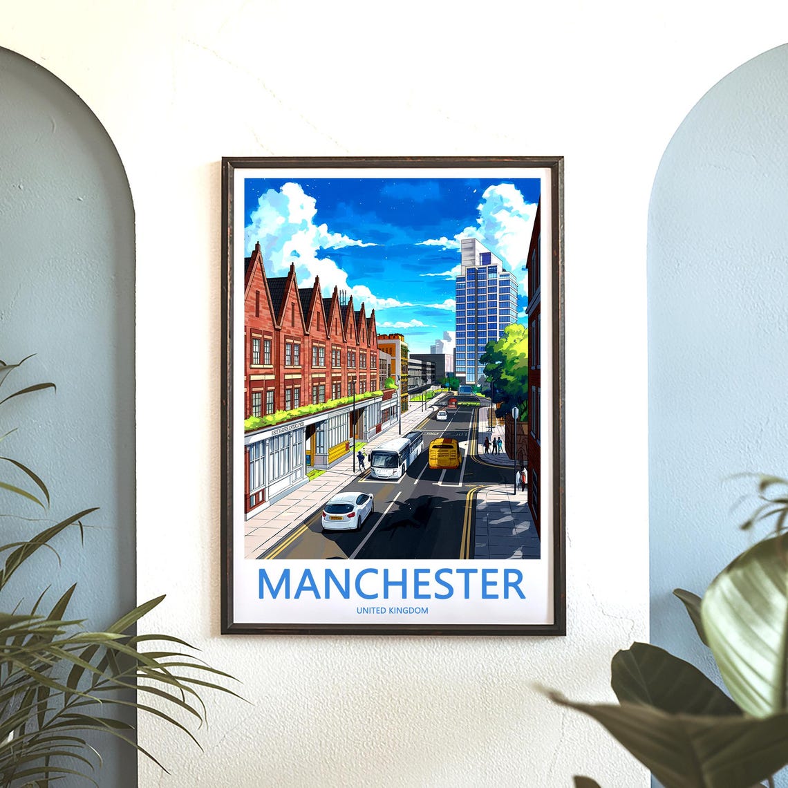 Manchester Sunlit City Street Brick Terraces and Buses Poster - Image 3