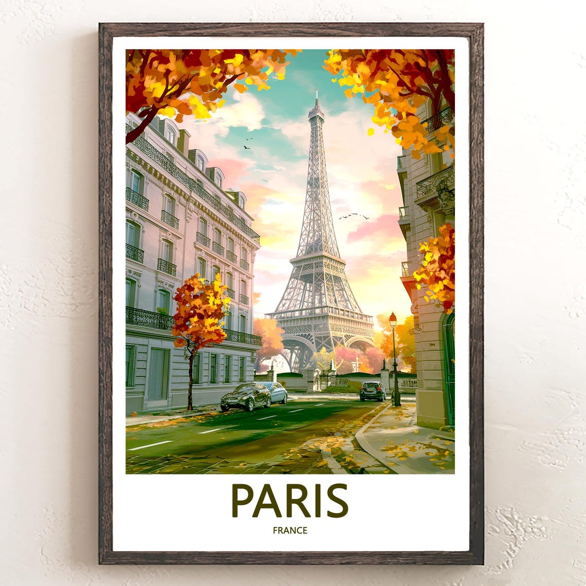 Eiffel Tower Autumn Street Parked Cars Fallen Leaves Paris Poster