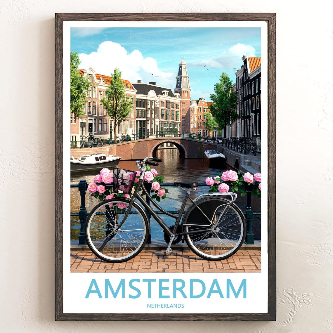 Amsterdam Bicycle Pink Roses Bridge Canal Illustrated Poster