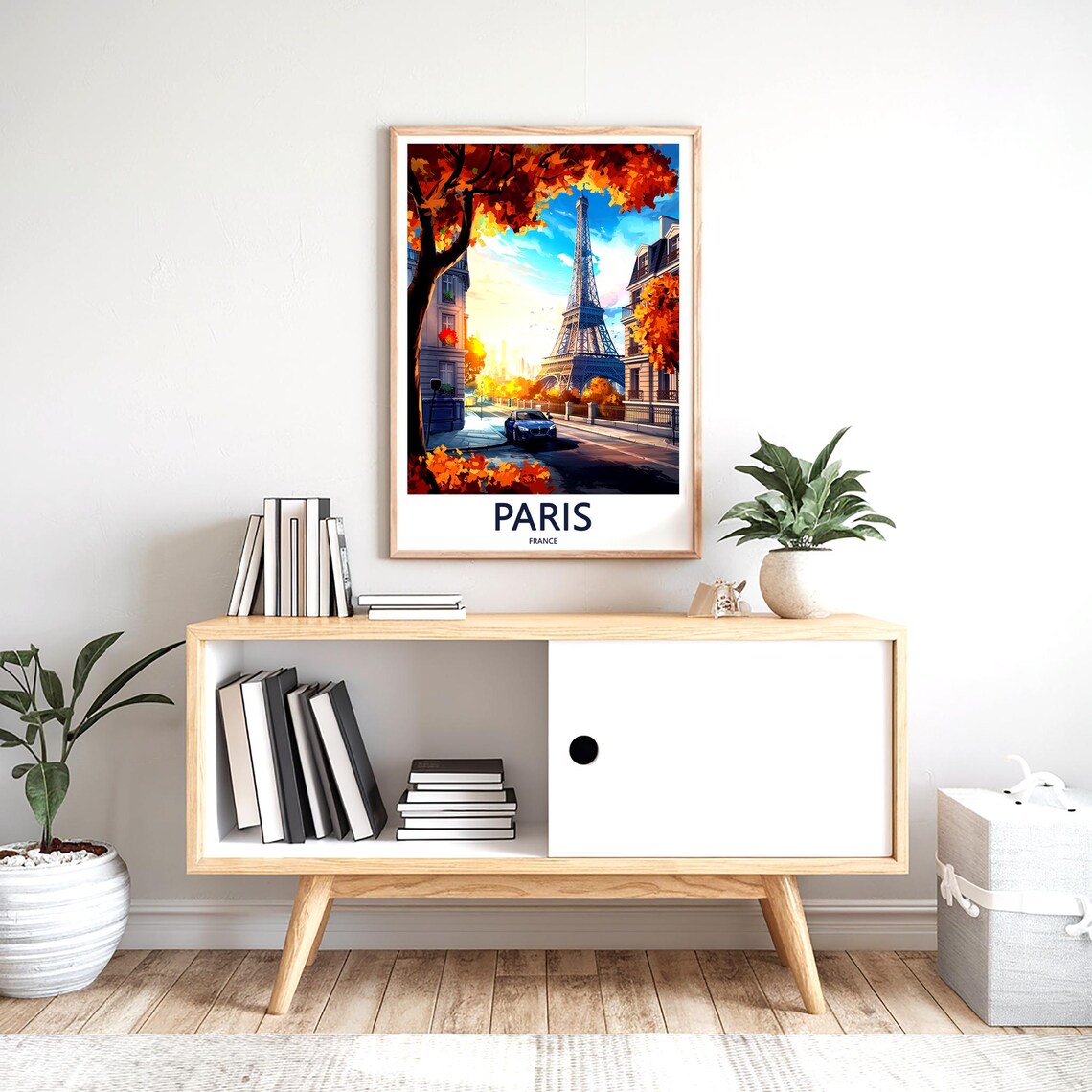 Eiffel Tower Autumn Street with Blue Car Illustrated Paris Poster - Image 2