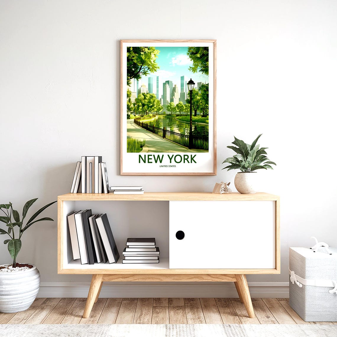Manhattan Skyline Over a Sunlit Park Pond Walking Path Poster - Image 2