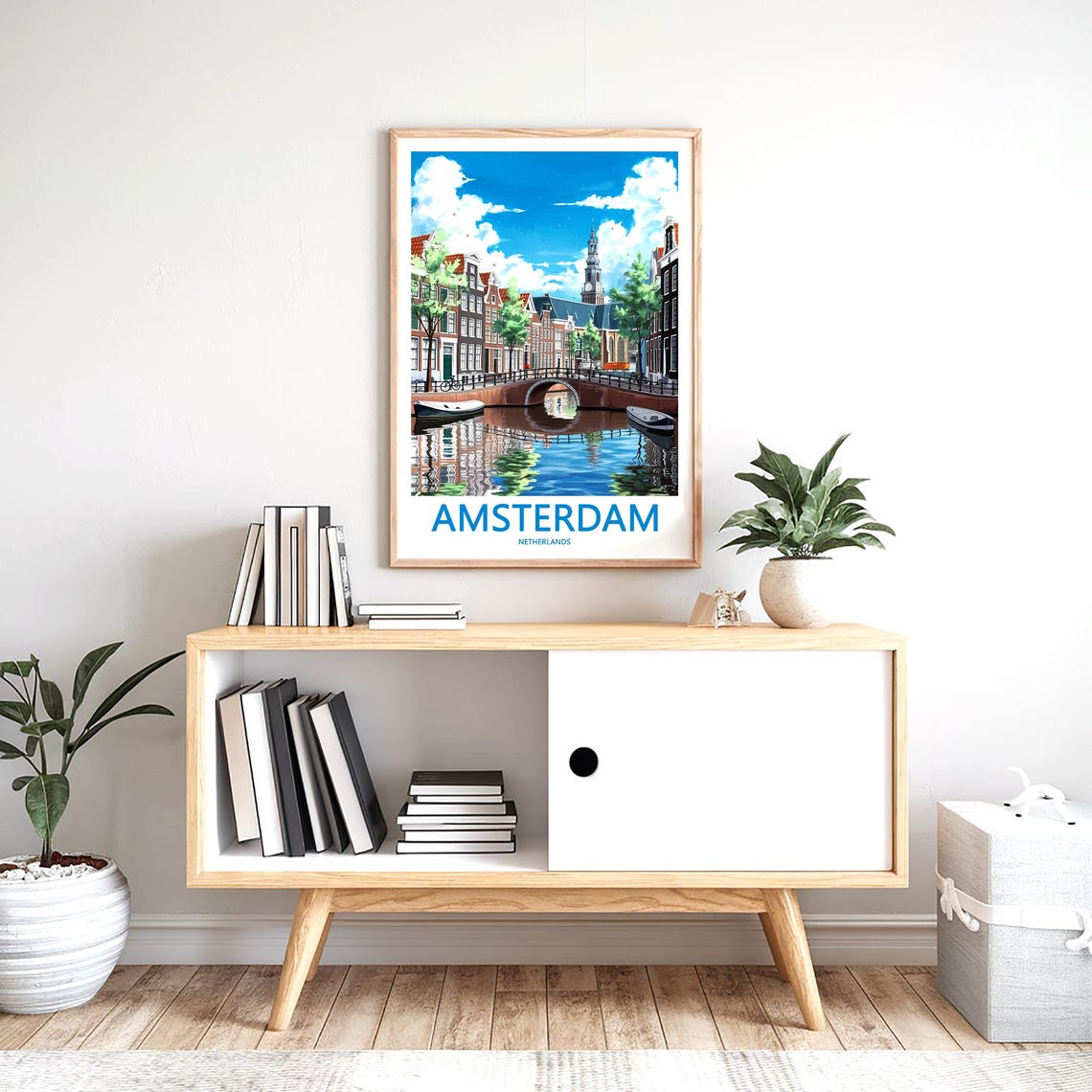 Amsterdam Sunny Day Canal Bridge and Boats Netherlands Art Poster - Image 2
