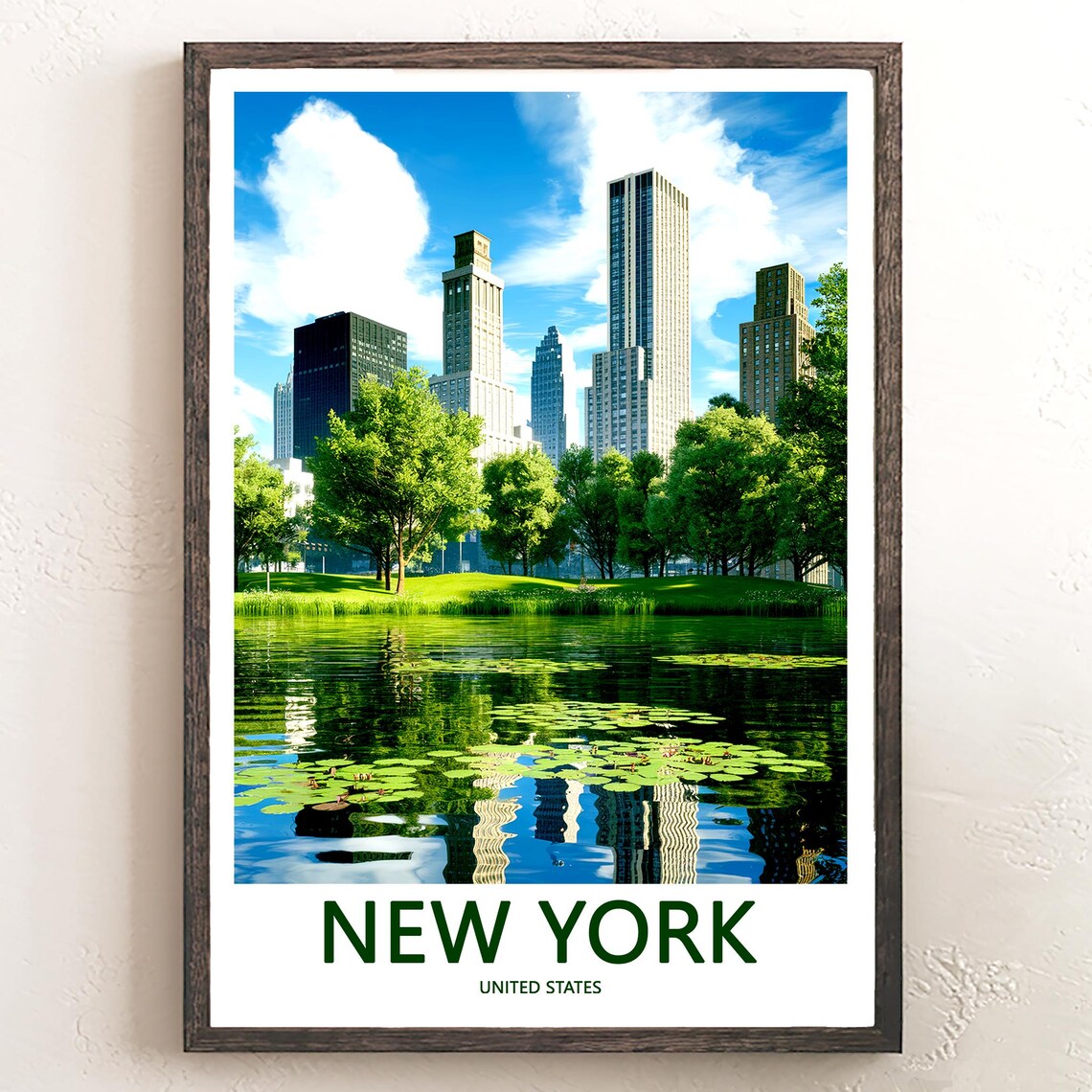 New York Central Park Pond Skyline Reflection Green Travel Poster