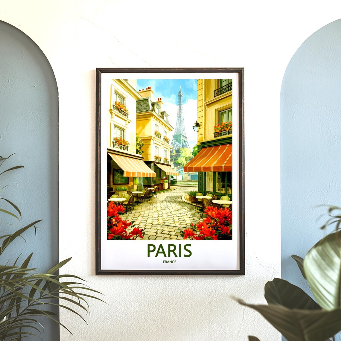 Eiffel Tower Cafe Lane Red Flowers Cobblestone Paris France Poster - Image 3