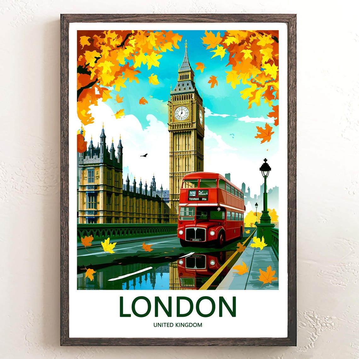 Big Ben Classic Routemaster Bus Retro Autumn Day Travel Poster