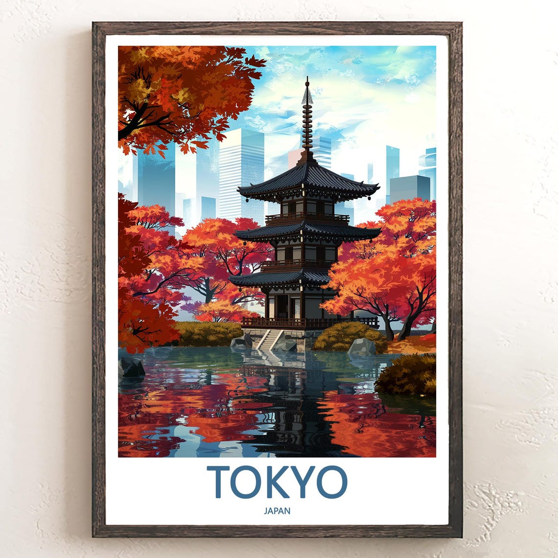 Illustrated Tokyo Pagoda by a Still Pond with Autumn Reflection Poster