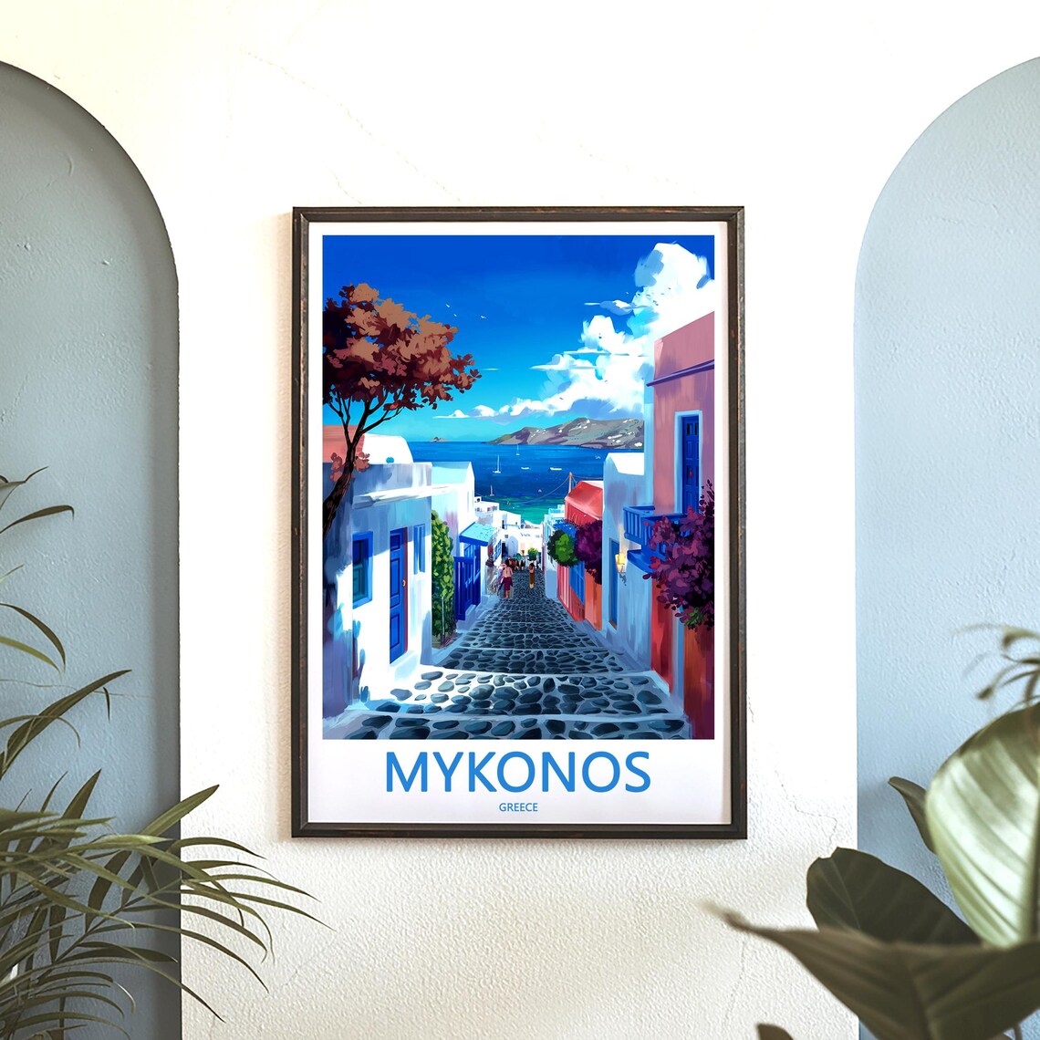 Mykonos Street Walkers Sailboats Bay View Greece Decor Poster - Image 3