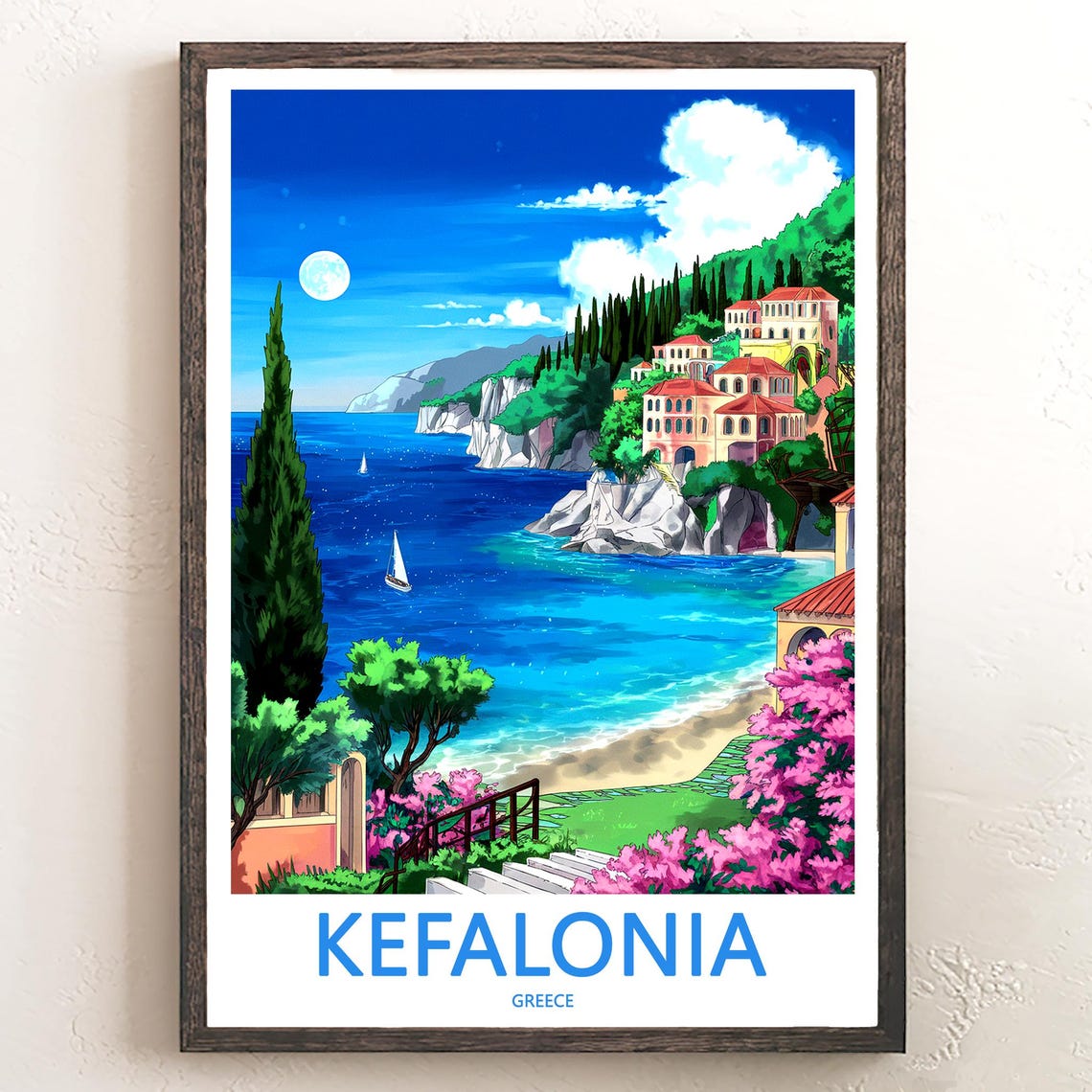 Kefalonia Greece Moonlit Cove Pink Flowers Garden Terrace Poster