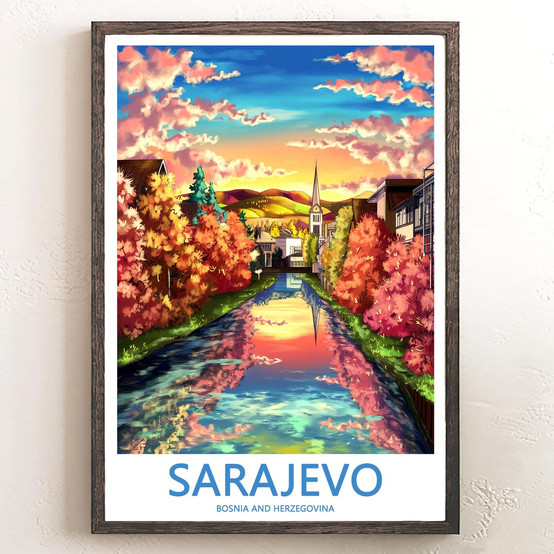 Sarajevo Flowering Riverside Canal and Church Tower Sunset Poster