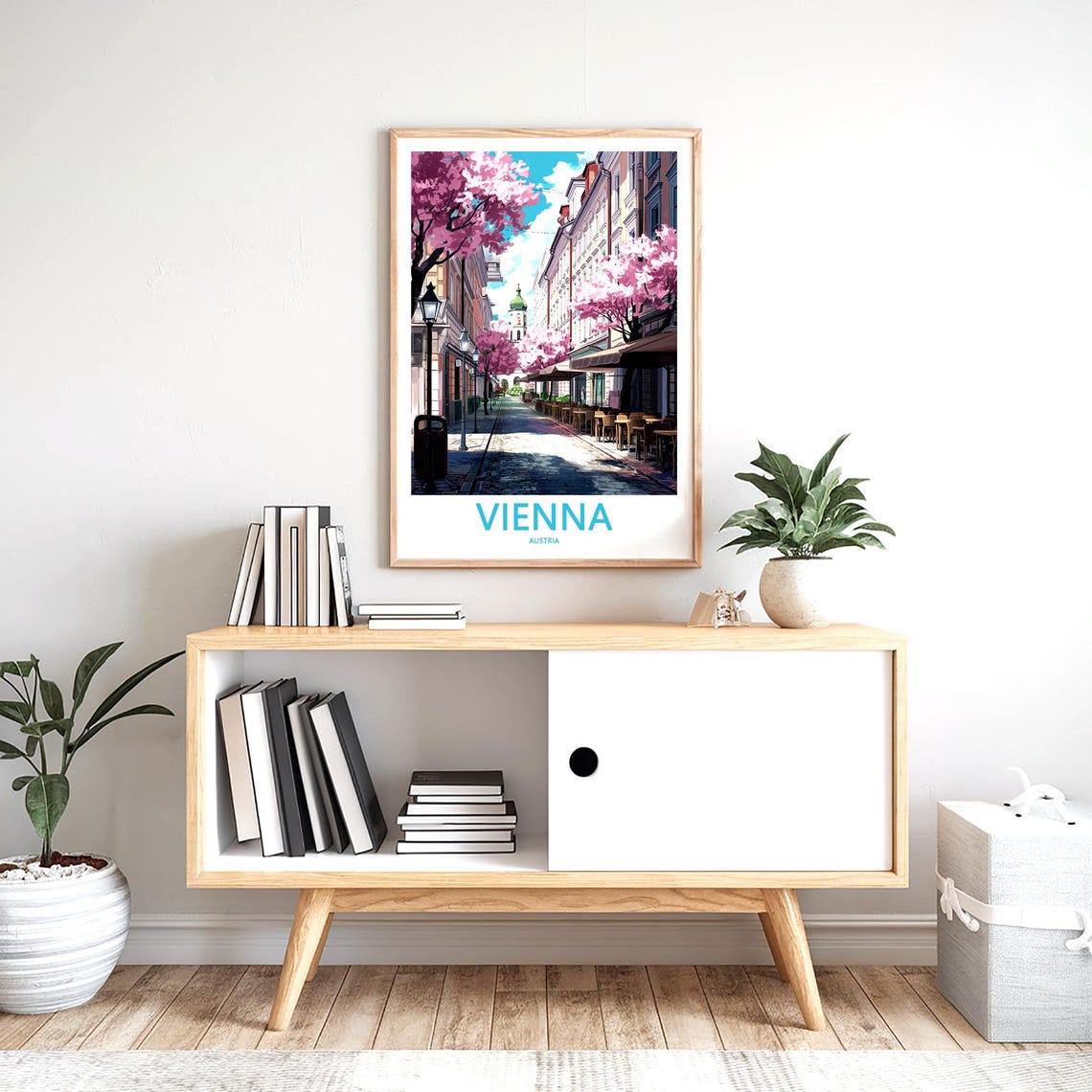 Vienna Cherry Blossom Street with Cafe Terraces Austria Travel Poster - Image 2