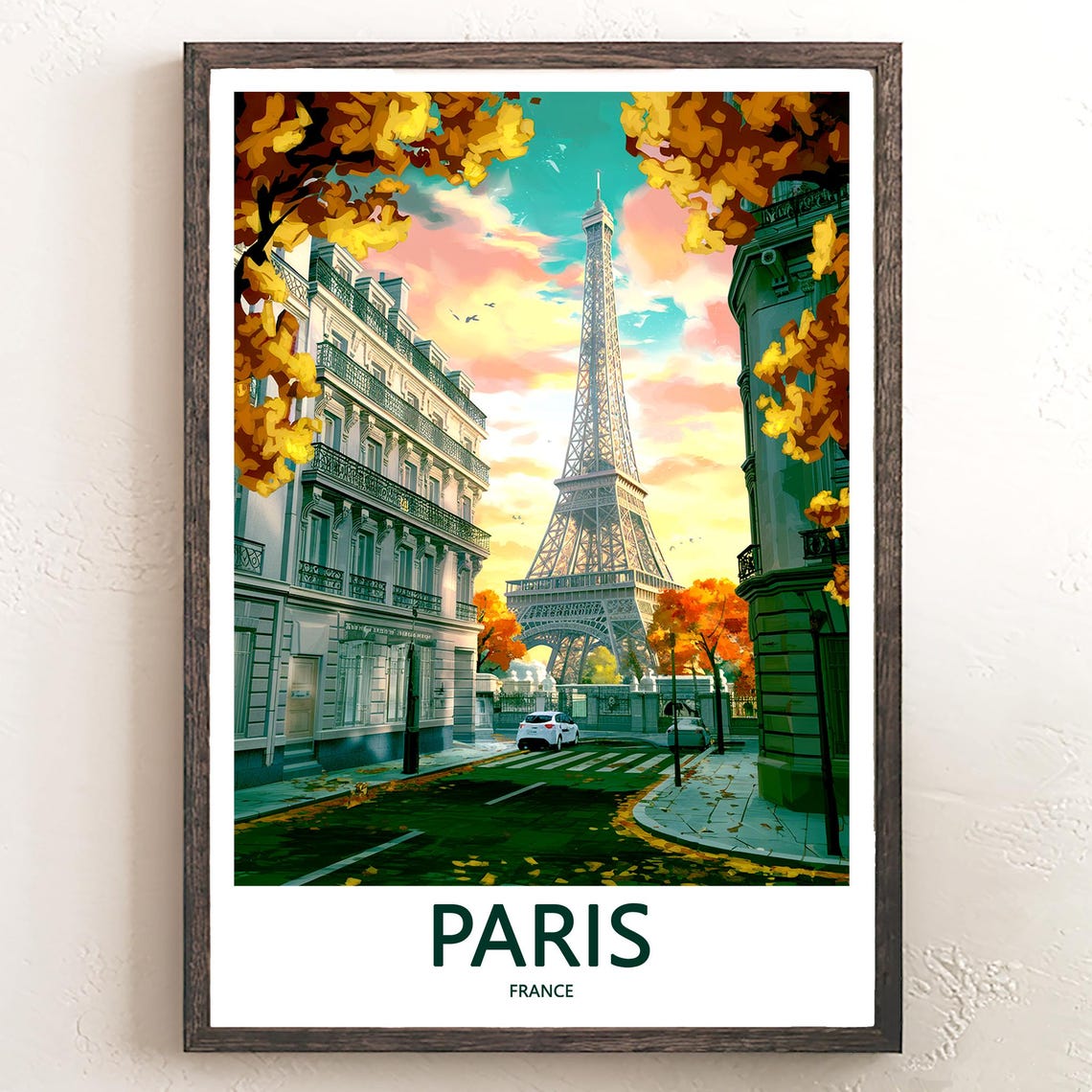Eiffel Tower Autumn Avenue Golden Trees White Car Paris Poster