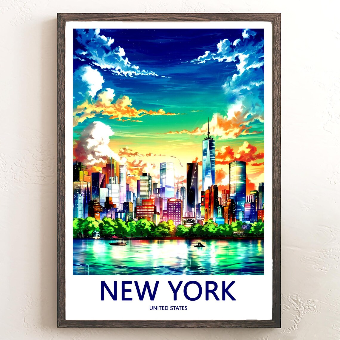 New York Manhattan Sunset Skyline River Water Colorful Travel Poster