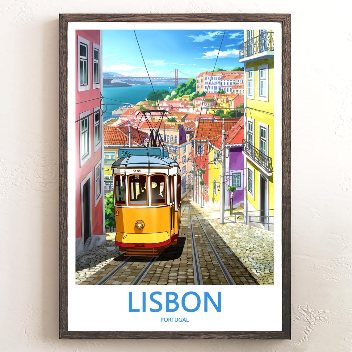 Lisbon Yellow Tram Climbing Steep Hill With River View Poster