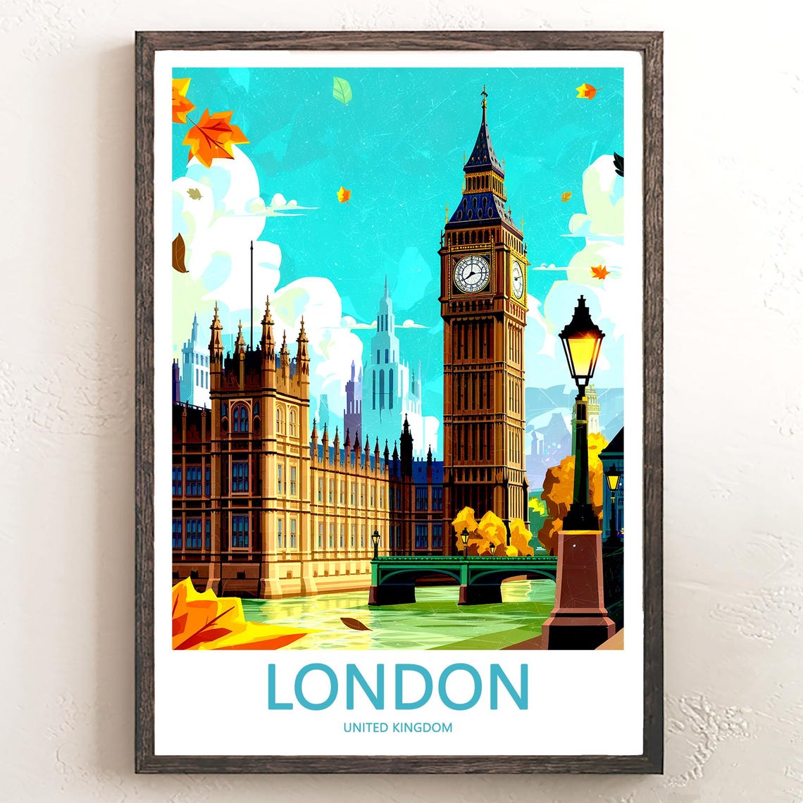 Big Ben Lamppost Riverside Autumn Evening Illustration Poster